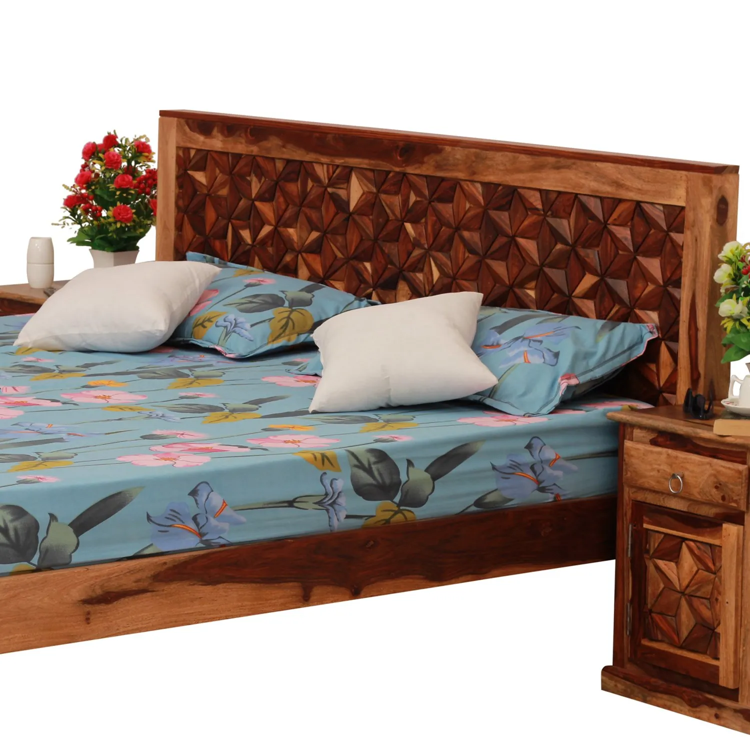 Royal Finish New Floresque King Size Bed In Natural Colour With Matte Finish sheesham wood bed image 6