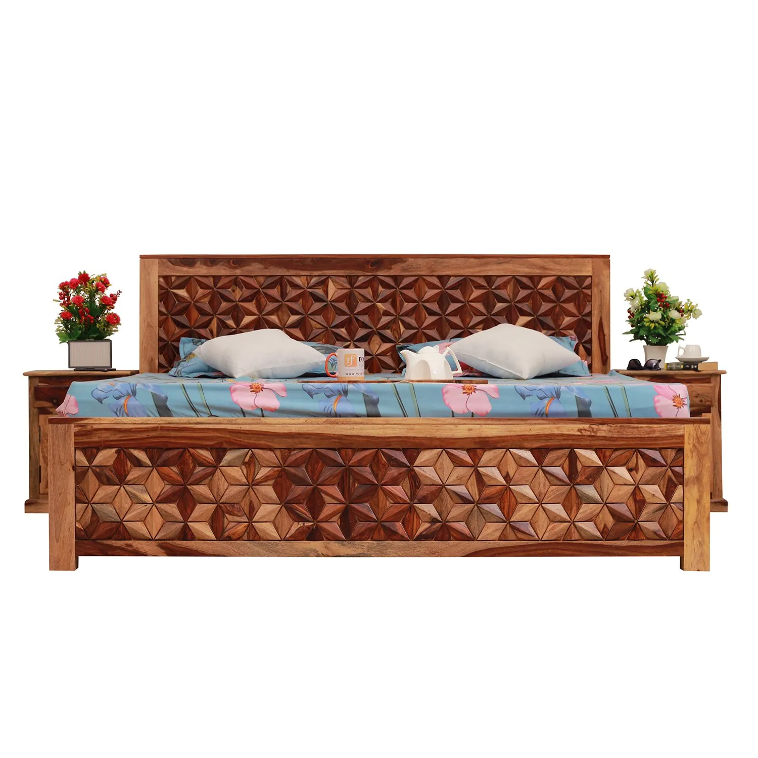 Royal Finish New Floresque King Size Bed In Natural Colour With Matte Finish sheesham wood bed image 7