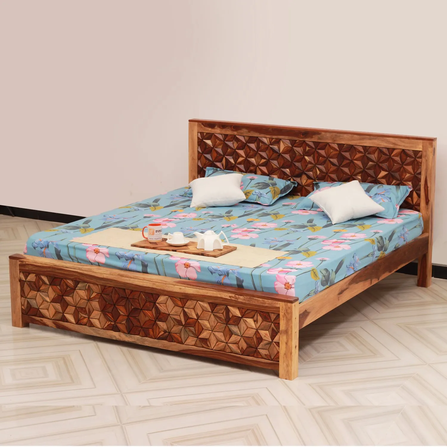 Royal Finish New Floresque King Size Bed In Natural Colour With Matte Finish sheesham wood bed image 10