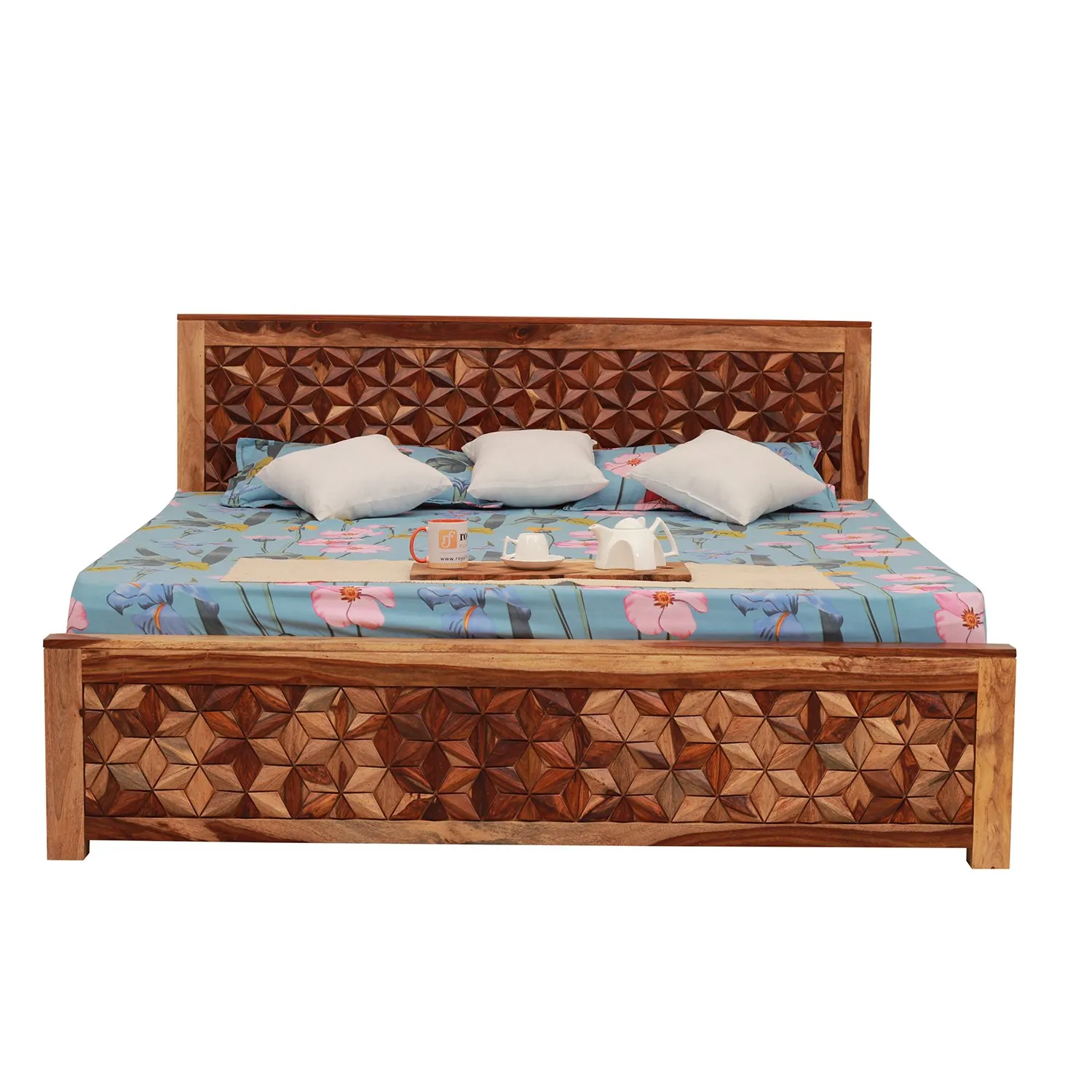 Royal Finish New Floresque King Size Bed In Natural Colour With Matte Finish sheesham wood bed image 11