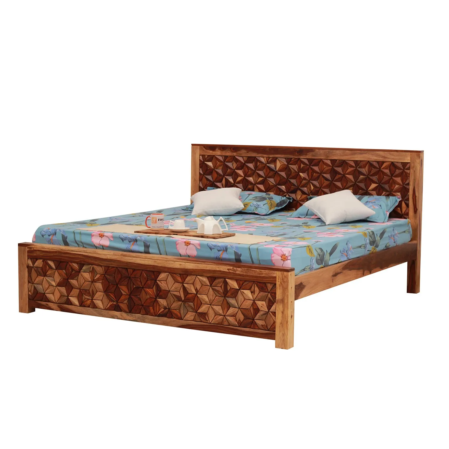 Royal Finish New Floresque King Size Bed In Natural Colour With Matte Finish sheesham wood bed image 12