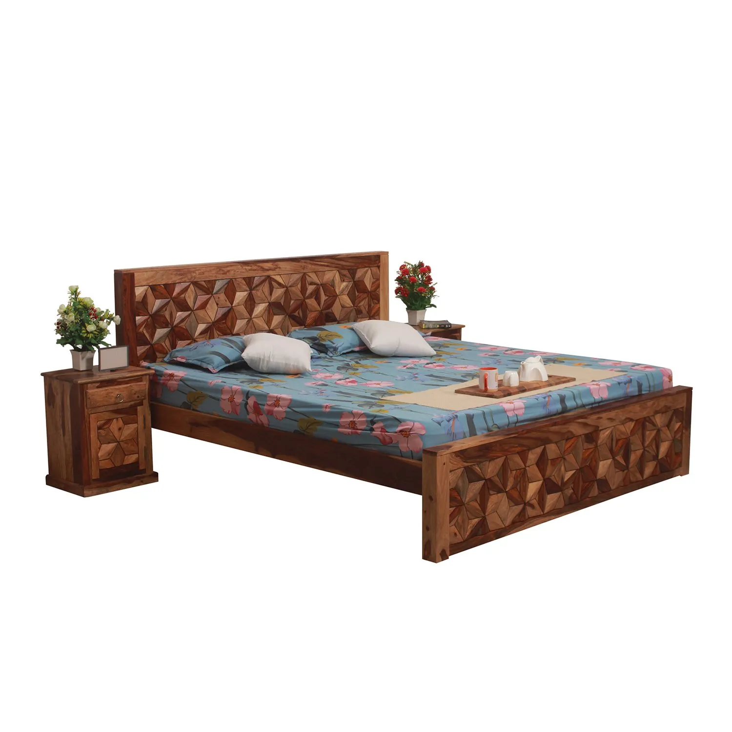 Royal Finish Floresque King Size Bed In Natural Colour With Matte Finish sheesham wood bed image 5