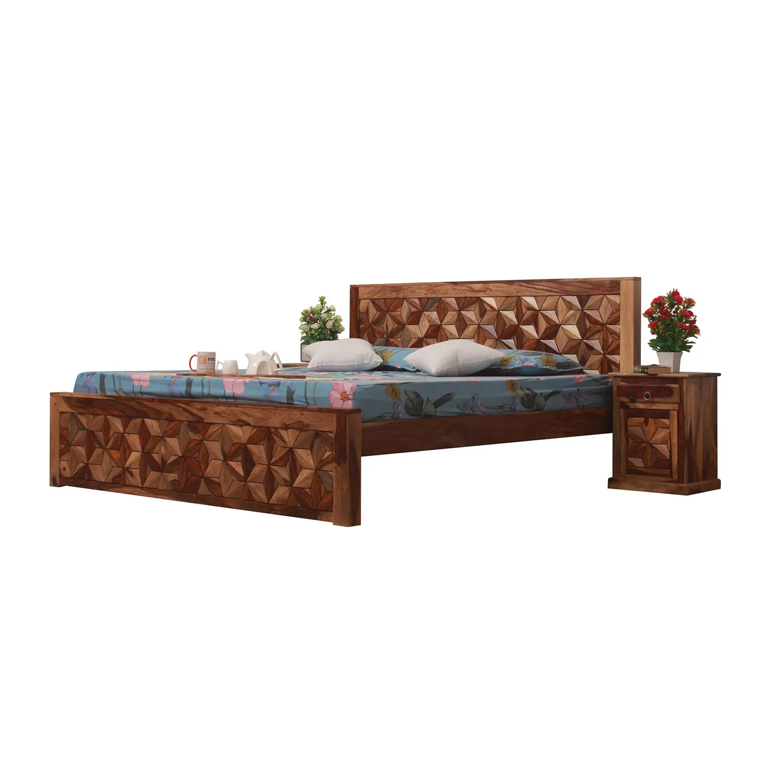 Royal Finish Floresque King Size Bed In Natural Colour With Matte Finish sheesham wood bed image 8