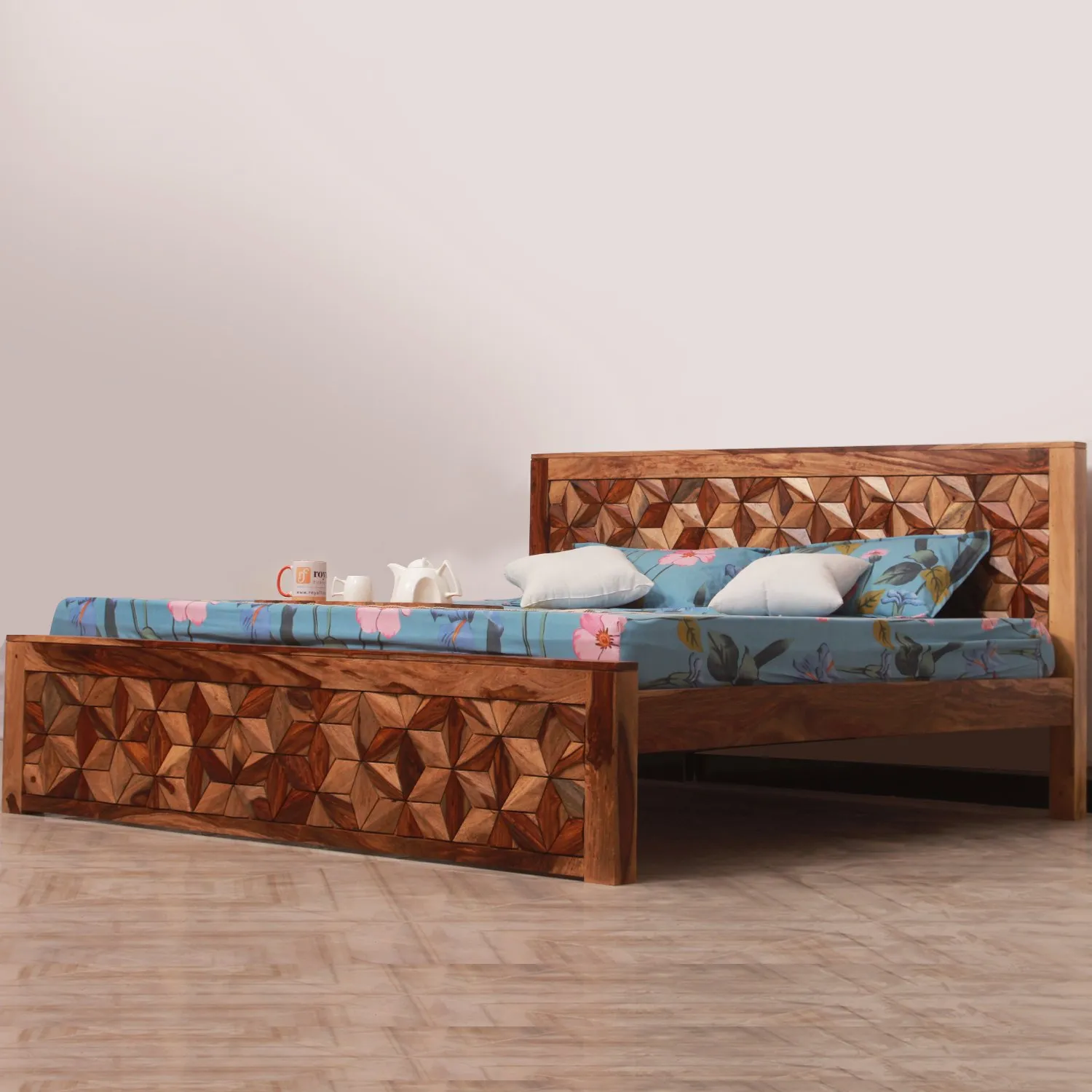 Royal Finish Floresque King Size Bed In Natural Colour With Matte Finish sheesham wood bed image 9