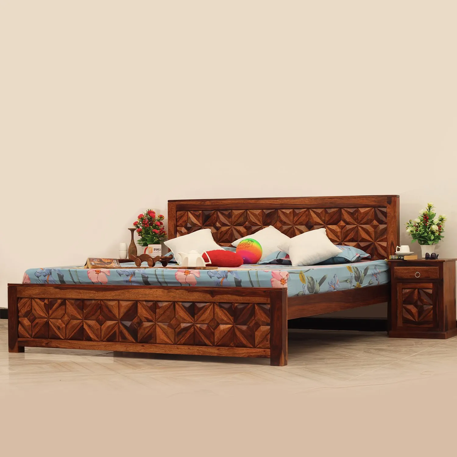 Royal Finish Neo-Floresque King Size Bed In Natural Colour With Matte Finish