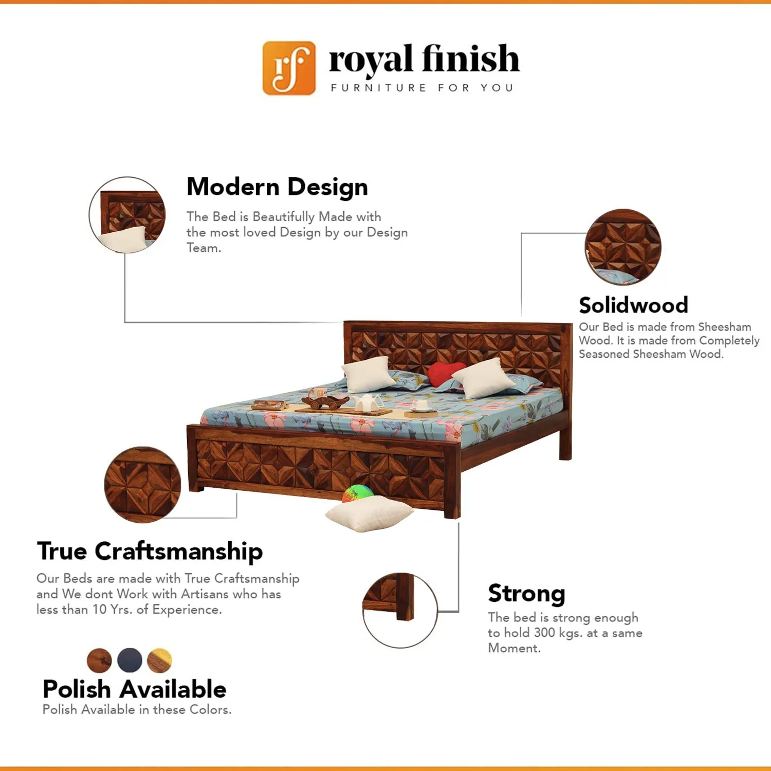 Royal Finish Neo-Floresque King Size Bed In Natural Colour With Matte Finish sheesham wood bed image 2