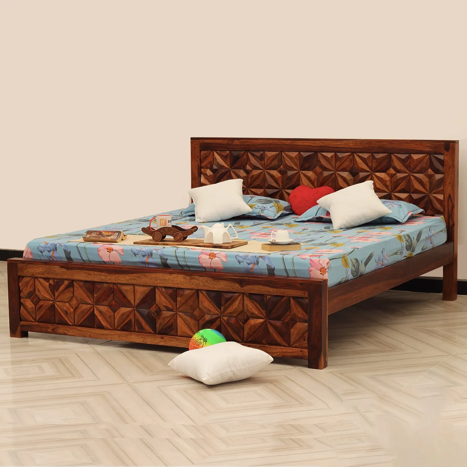 Royal Finish Neo-Floresque King Size Bed In Natural Colour With Matte Finish sheesham wood bed image 4