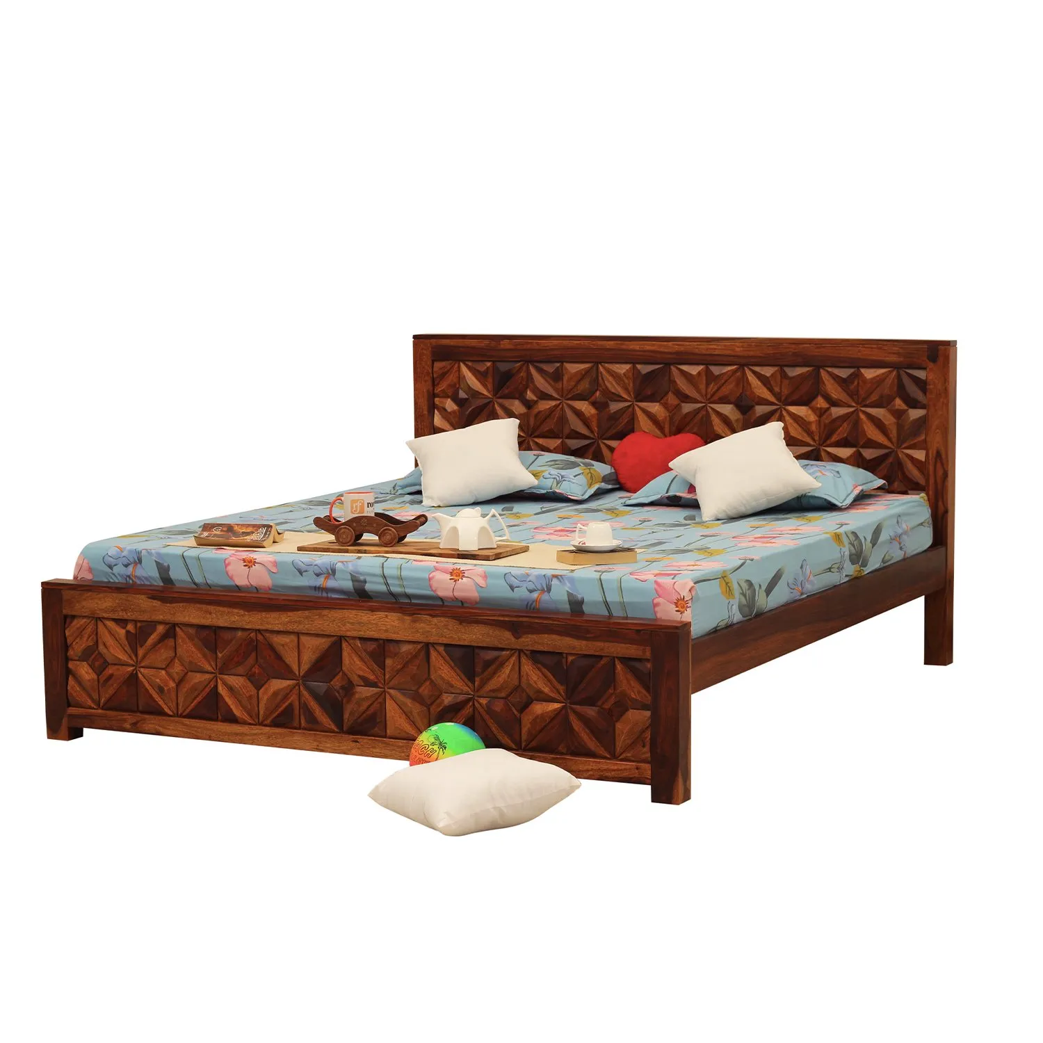 Royal Finish Neo-Floresque King Size Bed In Natural Colour With Matte Finish sheesham wood bed image 6