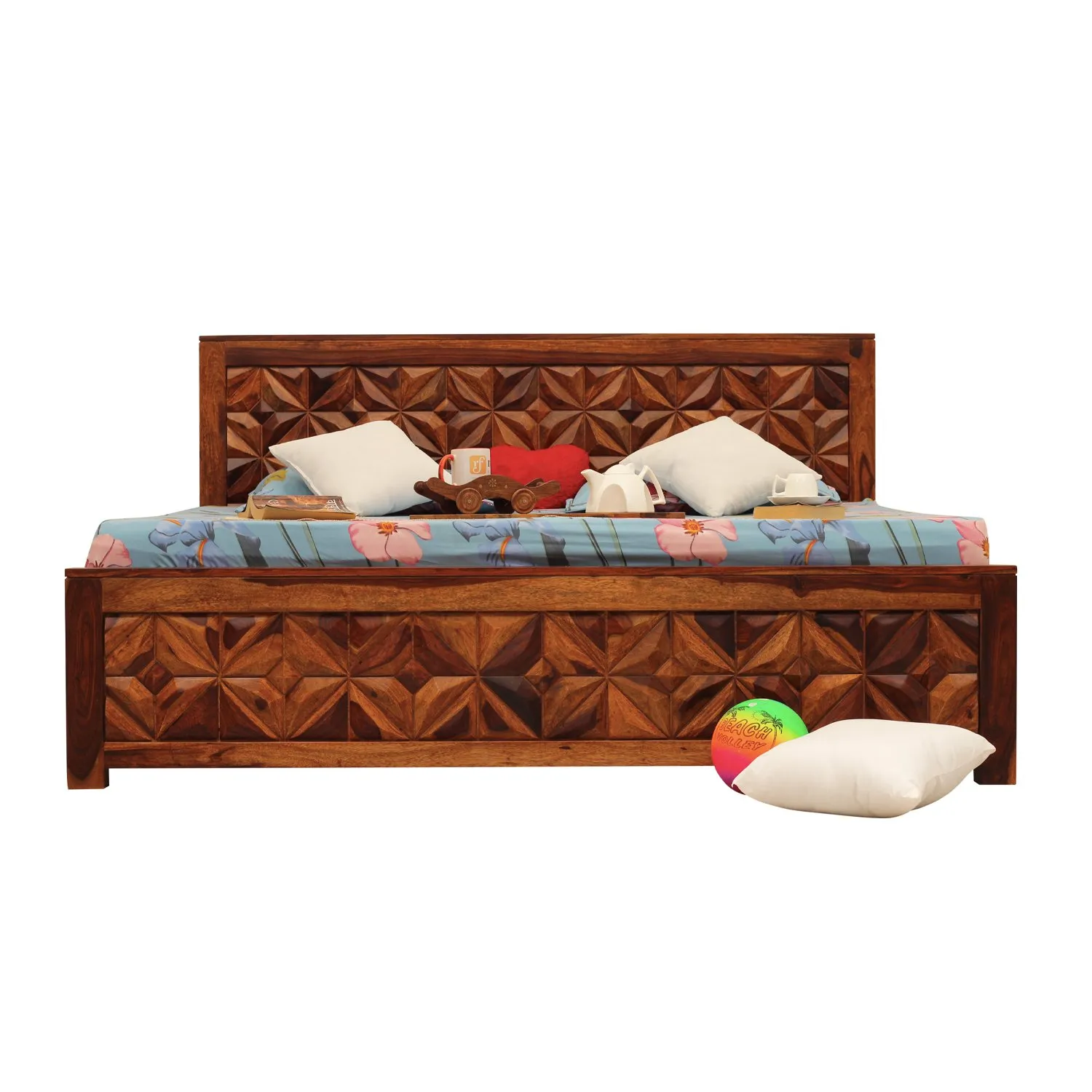 Royal Finish Neo-Floresque King Size Bed In Natural Colour With Matte Finish sheesham wood bed image 7