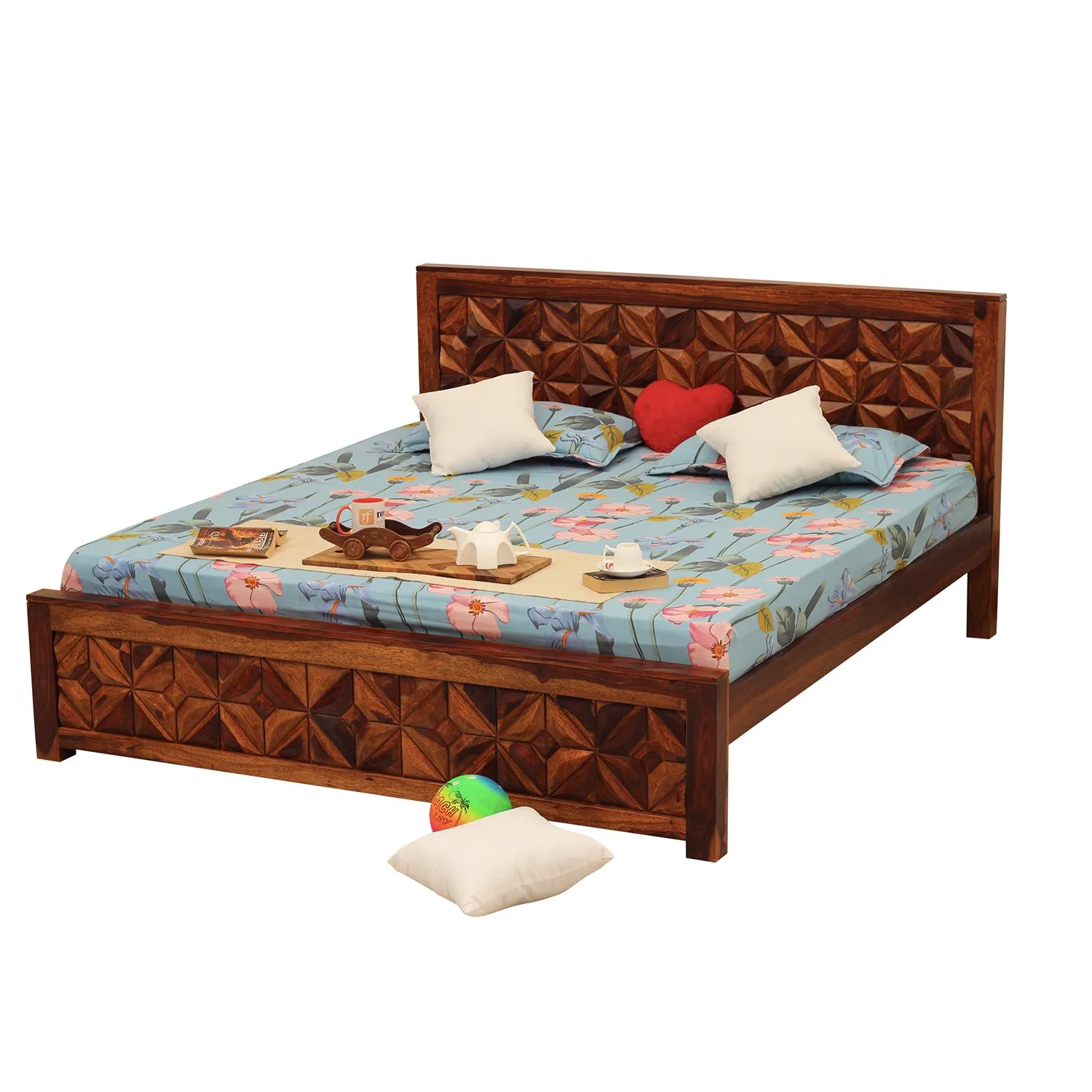 Royal Finish Neo-Floresque King Size Bed In Natural Colour With Matte Finish sheesham wood bed image 8