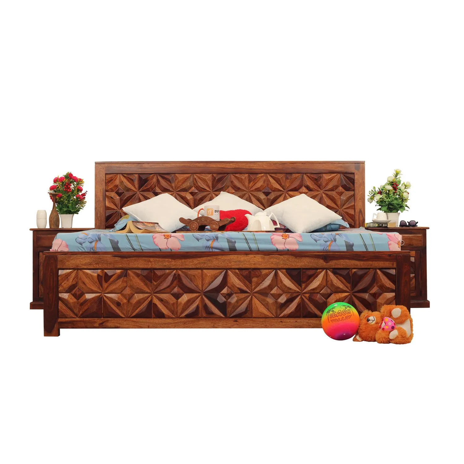 Royal Finish Neo-Floresque King Size Bed In Natural Colour With Matte Finish sheesham wood bed image 11