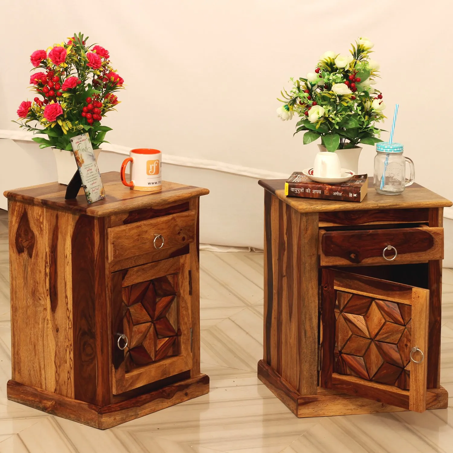 Royal Finish Neo Floresque Double Bedside Table In Furniture Sheesham Natural