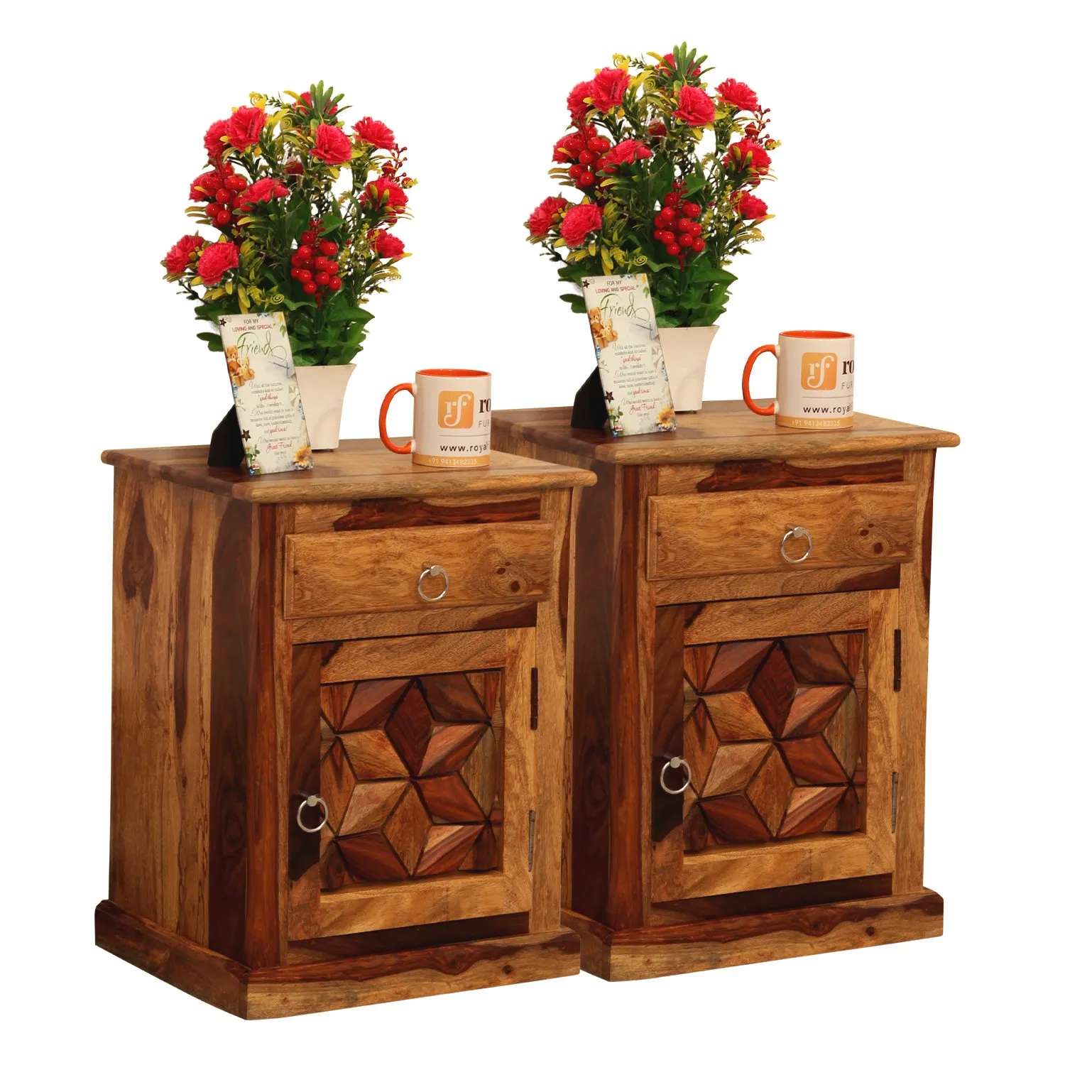 Royal Finish Neo Floresque Double Bedside Table In Furniture Sheesham Natural sheesham wood bed image 7