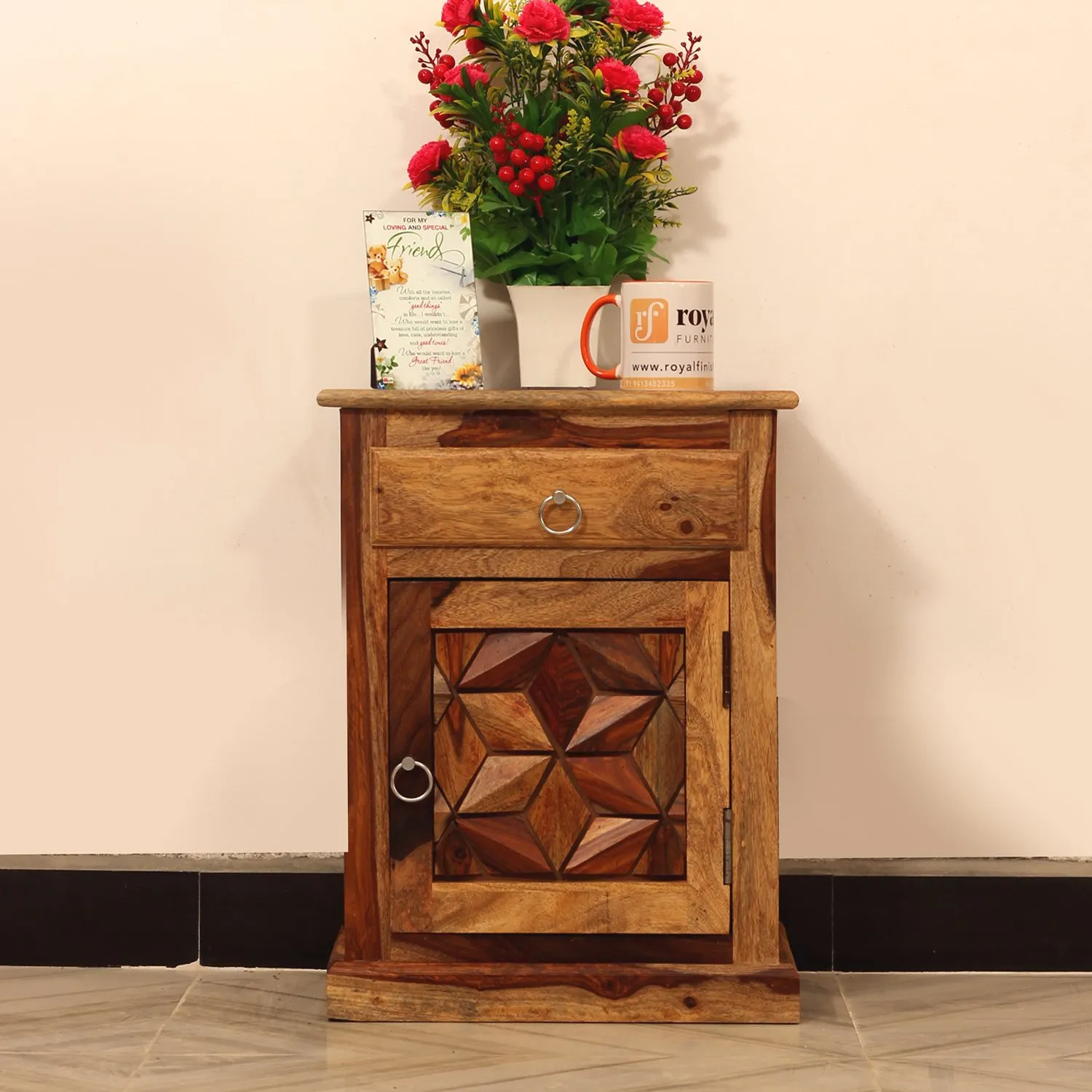 Royal Finish Neo Floresque Bedside Table In Furniture Sheesham Wood In Natural