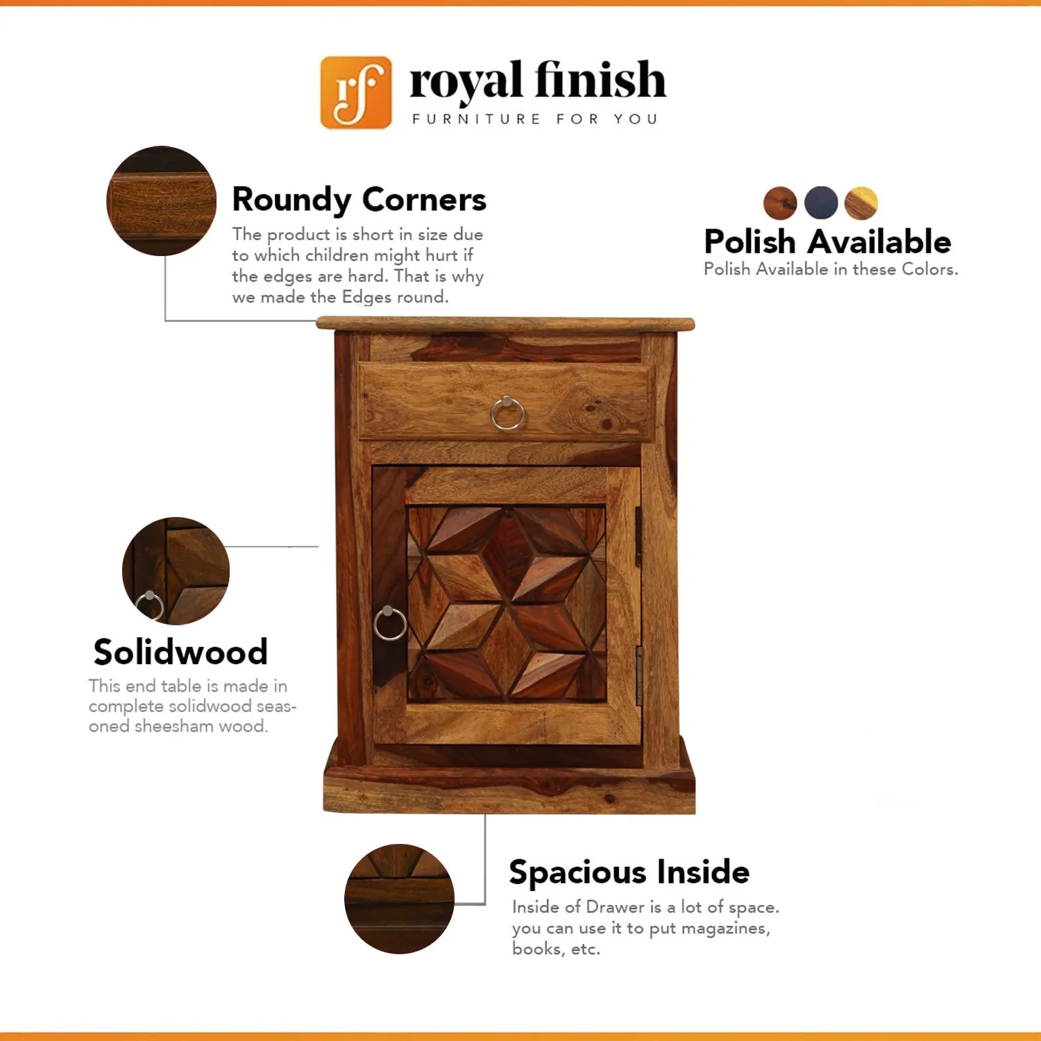 Royal Finish Neo Floresque Bedside Table In Furniture Sheesham Wood In Natural sheesham wood bed image 2