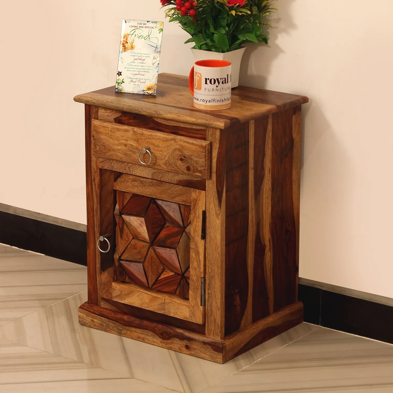 Royal Finish Neo Floresque Bedside Table In Furniture Sheesham Wood In Natural sheesham wood bed image 4