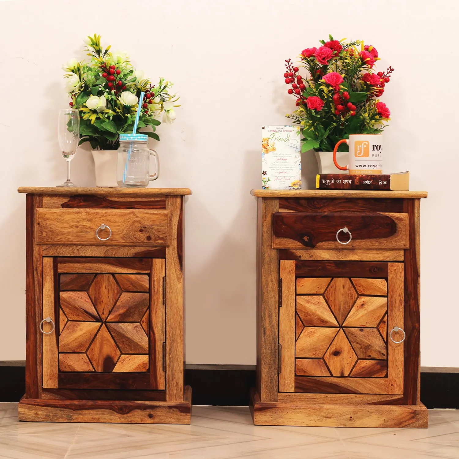 Royal Finish Floresque Double Bedside Table In Furniture Sheesham Wood Natural