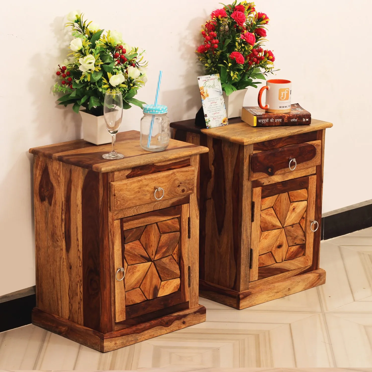Royal Finish Floresque Double Bedside Table In Furniture Sheesham Wood Natural sheesham wood bed image 4