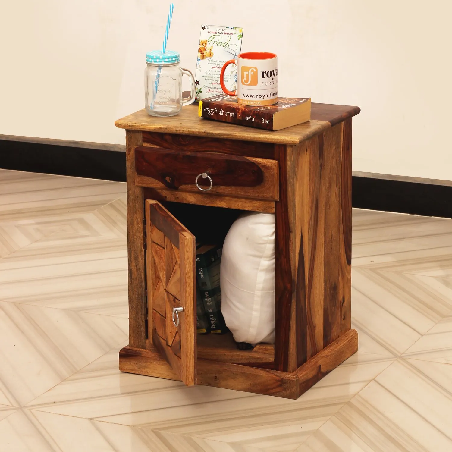 Royal Finish Floresque Double Bedside Table In Furniture Sheesham Wood Natural sheesham wood bed image 6