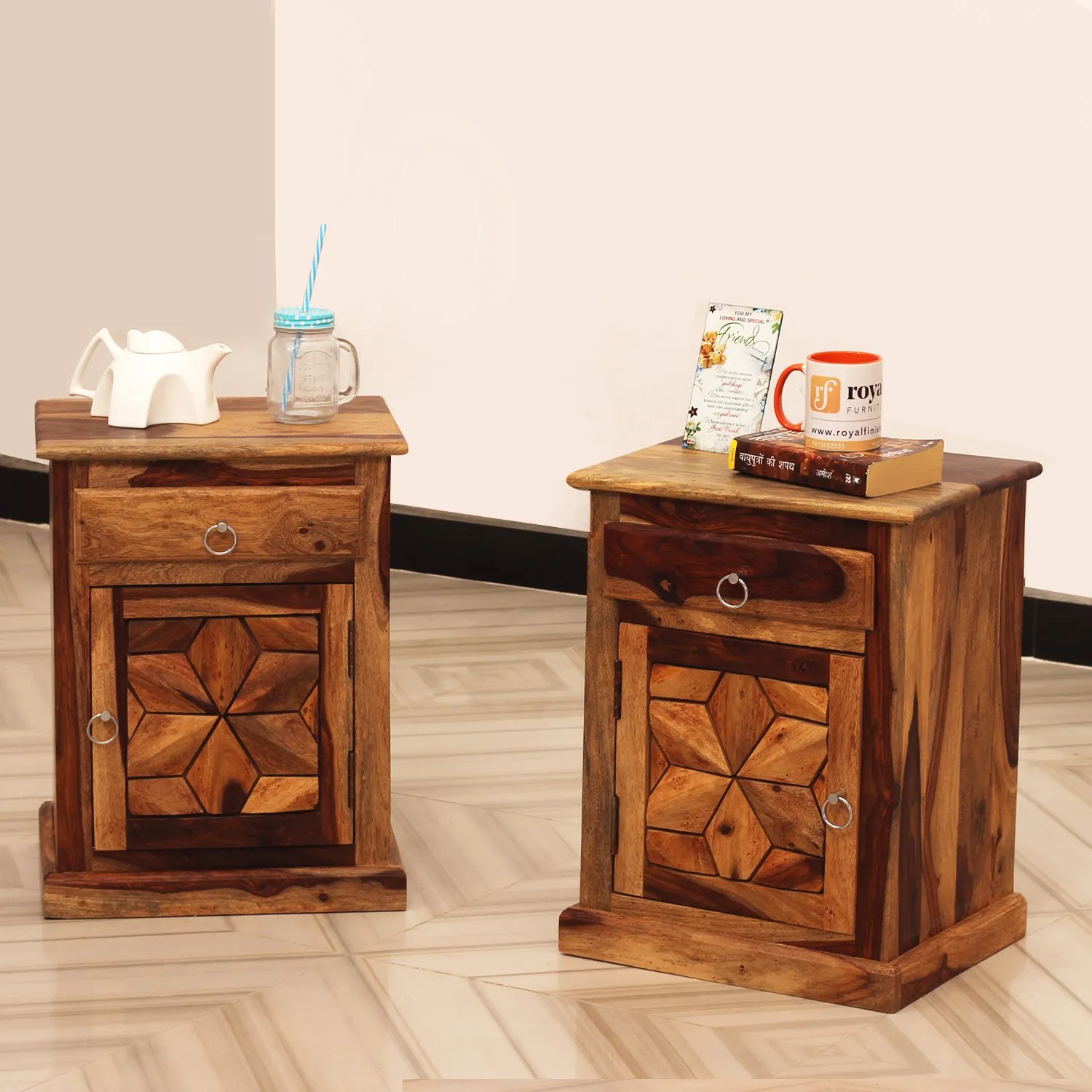 Royal Finish Floresque Double Bedside Table In Furniture Sheesham Wood Natural sheesham wood bed image 7