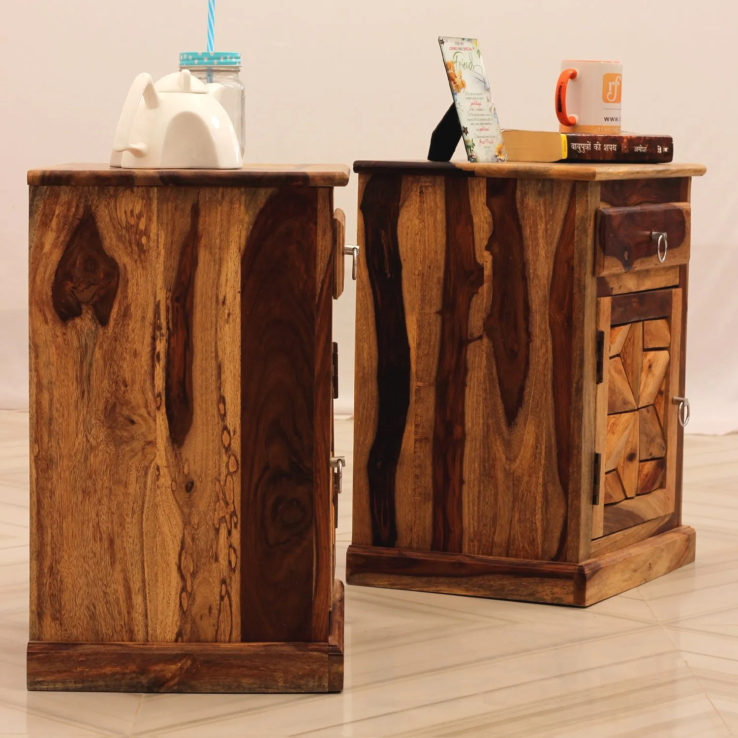 Royal Finish Floresque Double Bedside Table In Furniture Sheesham Wood Natural sheesham wood bed image 9