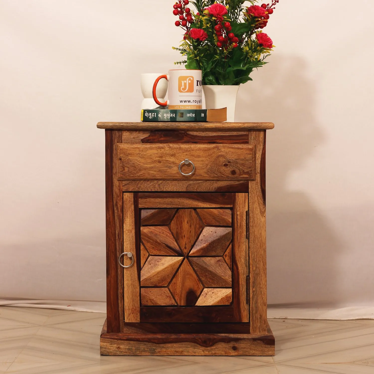 Royal Finish Floresque Bedside Table In Furniture Sheesham Wood In Natural Colou