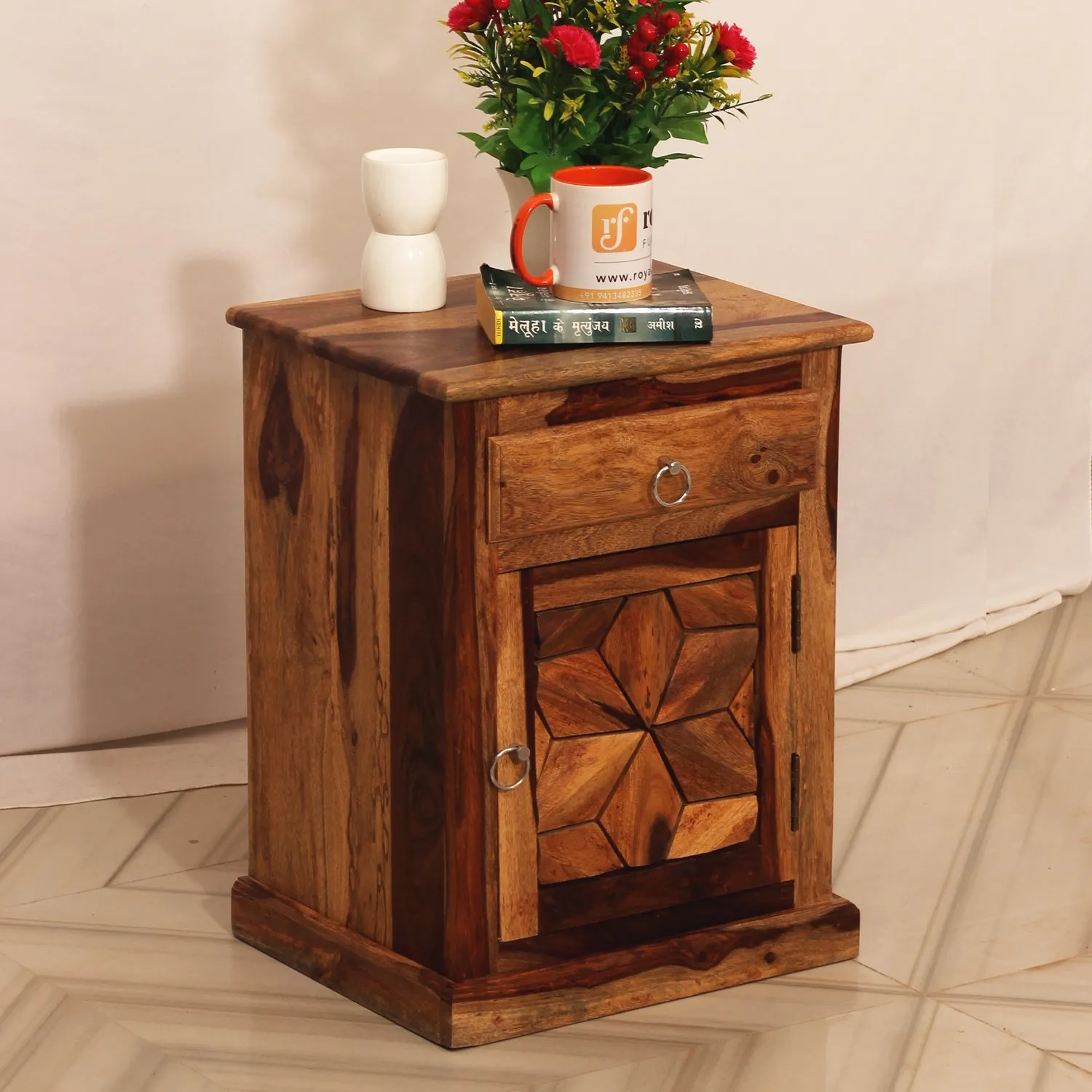Royal Finish Floresque Bedside Table In Furniture Sheesham Wood In Natural Colou sheesham wood bed image 4