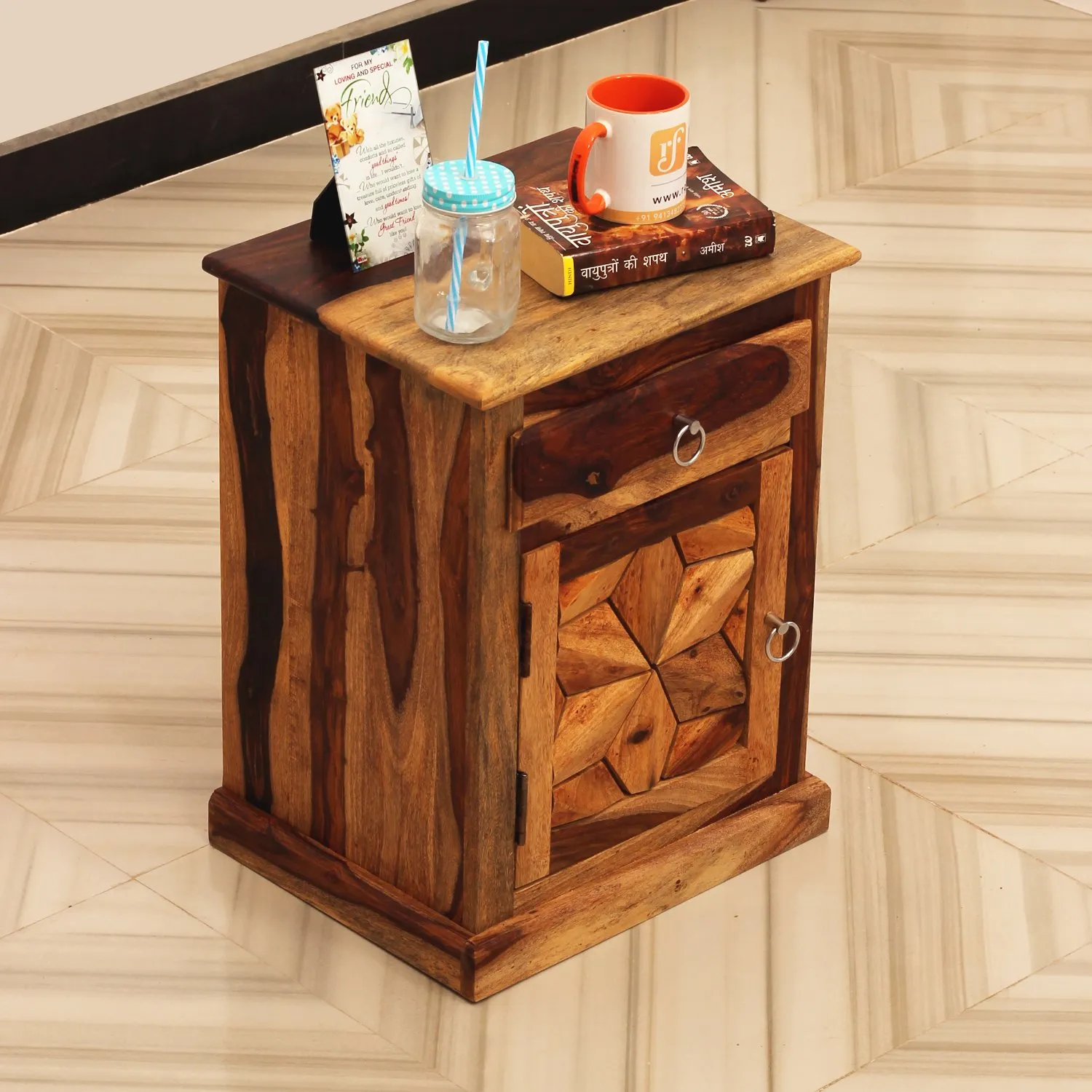 Royal Finish Floresque Bedside Table In Furniture Sheesham Wood In Natural Colou sheesham wood bed image 6