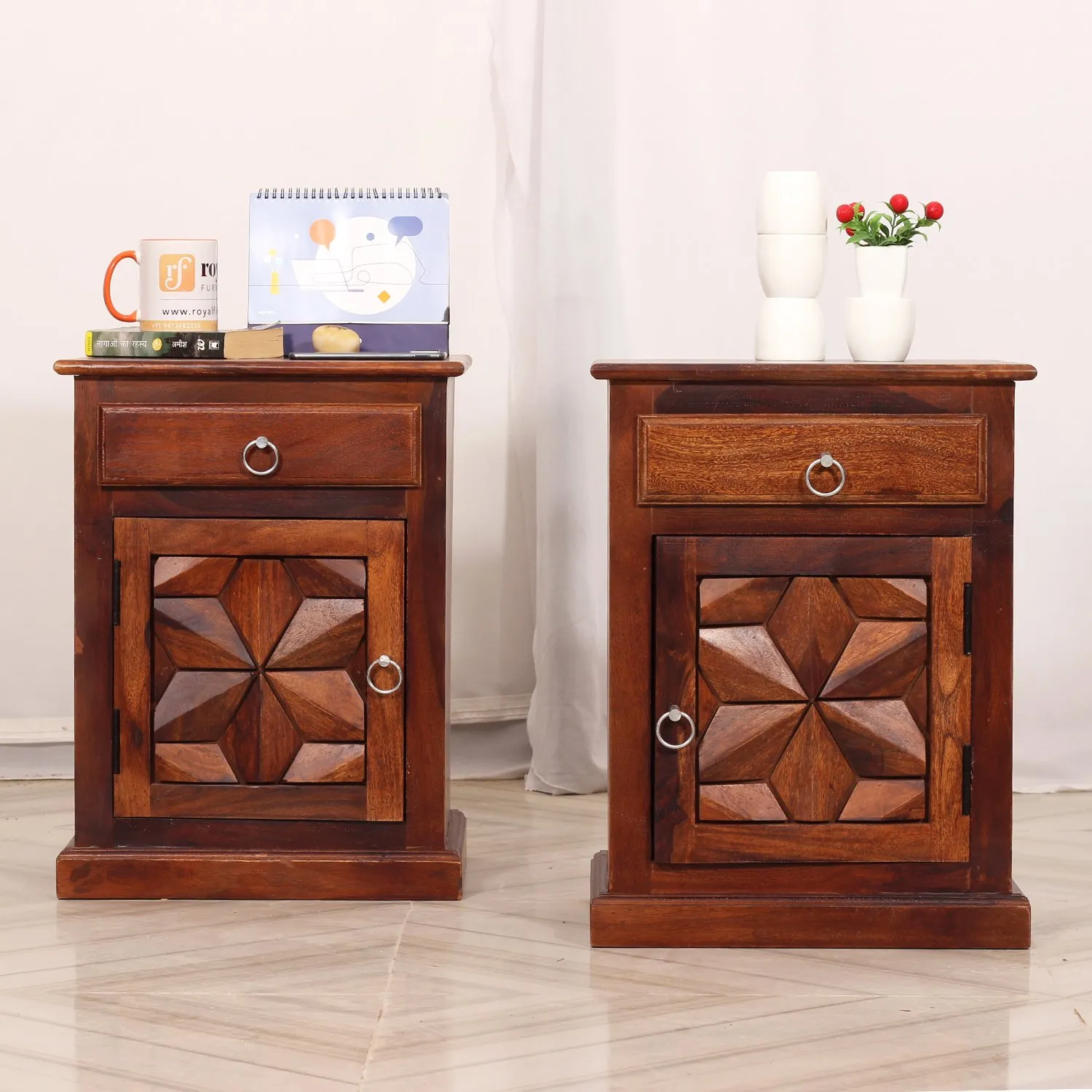 Royal Finish Floresque Double Bedside Table In Furniture Sheesham Wood InNatural