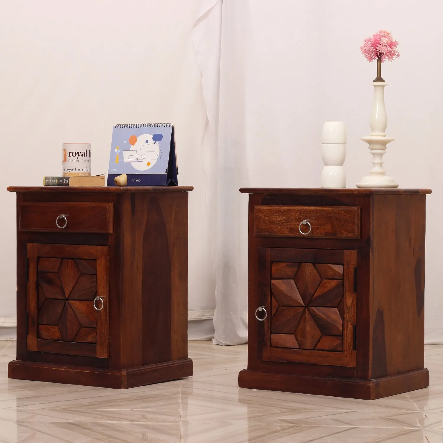 Royal Finish Floresque Double Bedside Table In Furniture Sheesham Wood InNatural sheesham wood bed image 4