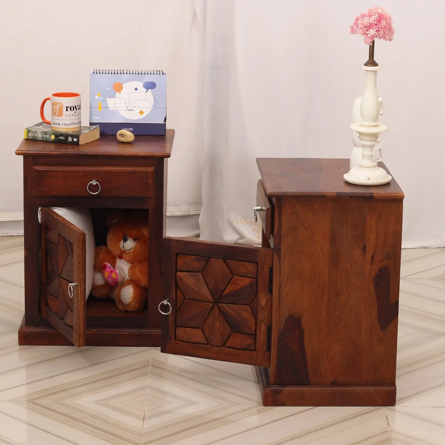 Royal Finish Floresque Double Bedside Table In Furniture Sheesham Wood InNatural sheesham wood bed image 5