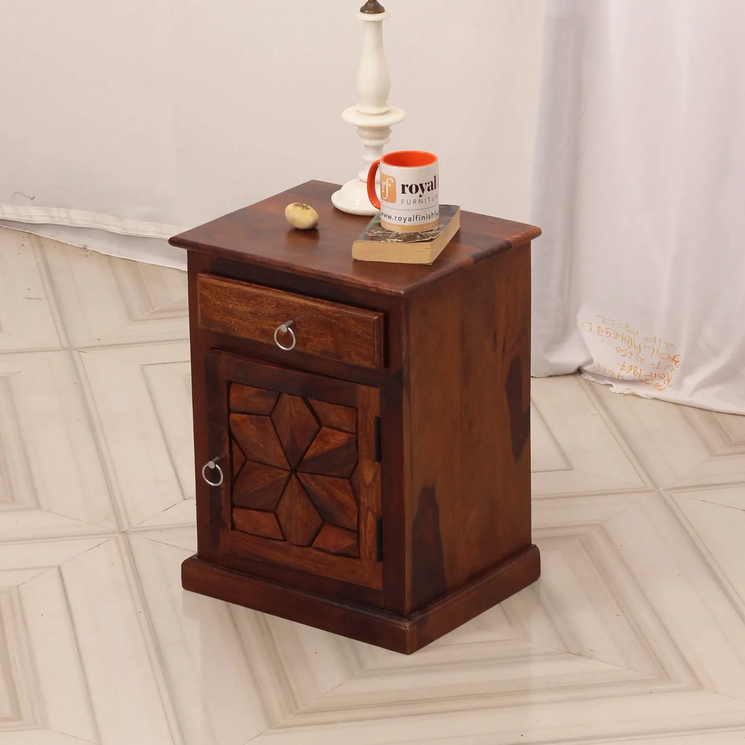 Royal Finish Floresque Bedside Table In Furniture Sheesham Wood In Natural