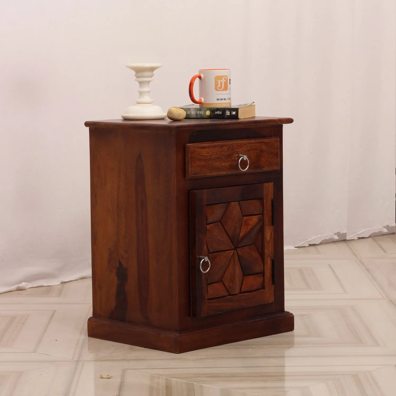 Royal Finish Floresque Bedside Table In Furniture Sheesham Wood In Natural sheesham wood bed image 7