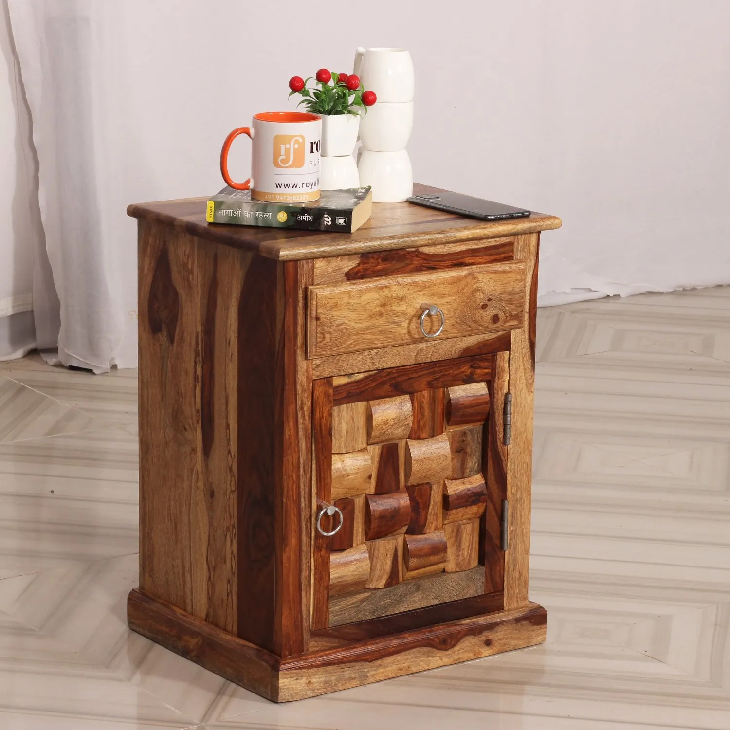 Royal Finish Nivora Double Bedside Table In Furniture Sheesham Wood In Natural sheesham wood bed image 11