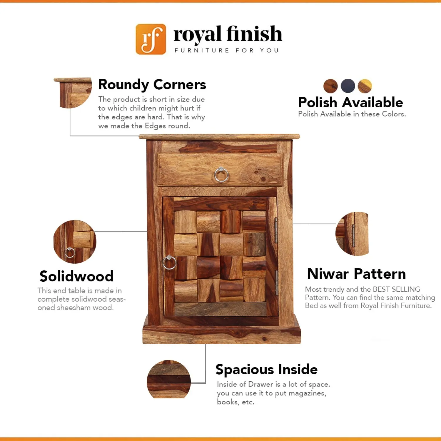 Royal Finish Nivora Bedside Table In Furniture Sheesham Wood In Natural Colour sheesham wood bed image 2