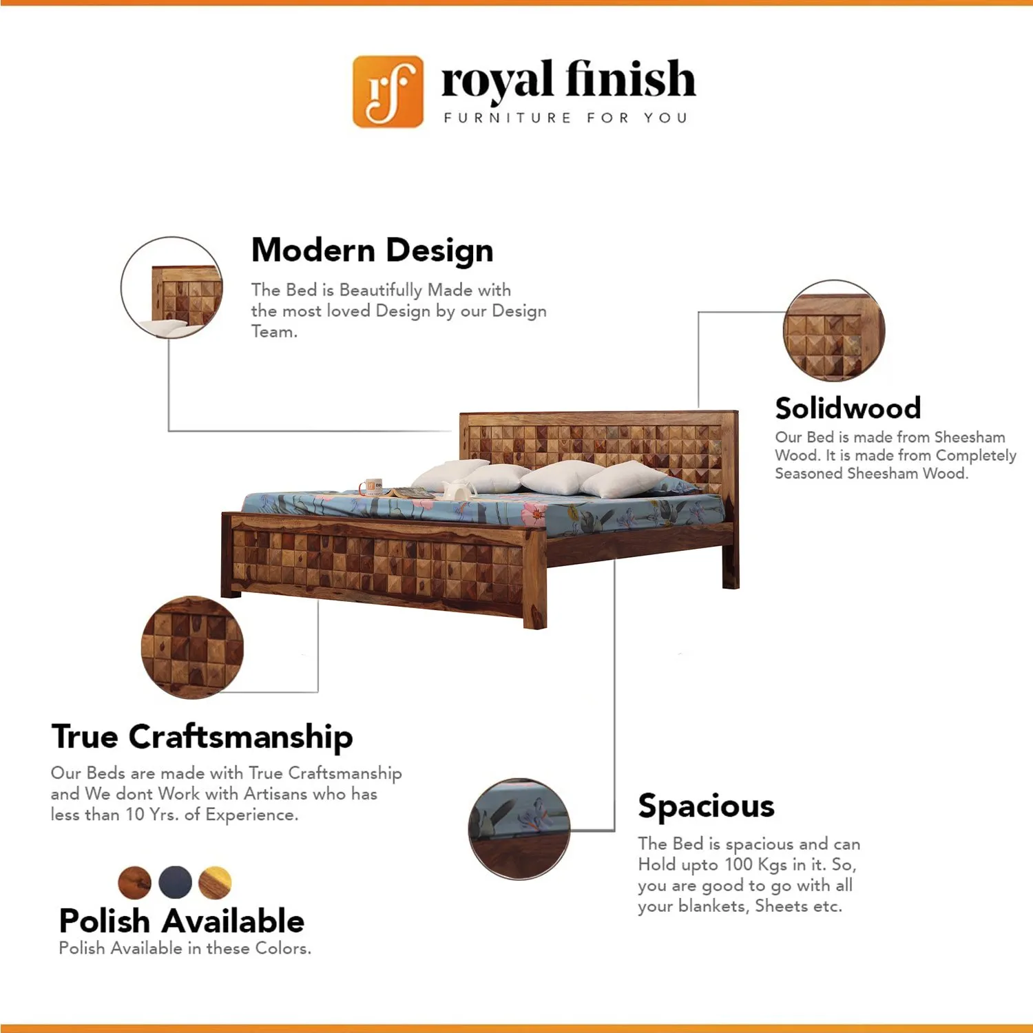 Royal Finish Diamondie King Size Bed In Natural Colour With Matte Finish sheesham wood bed image 2