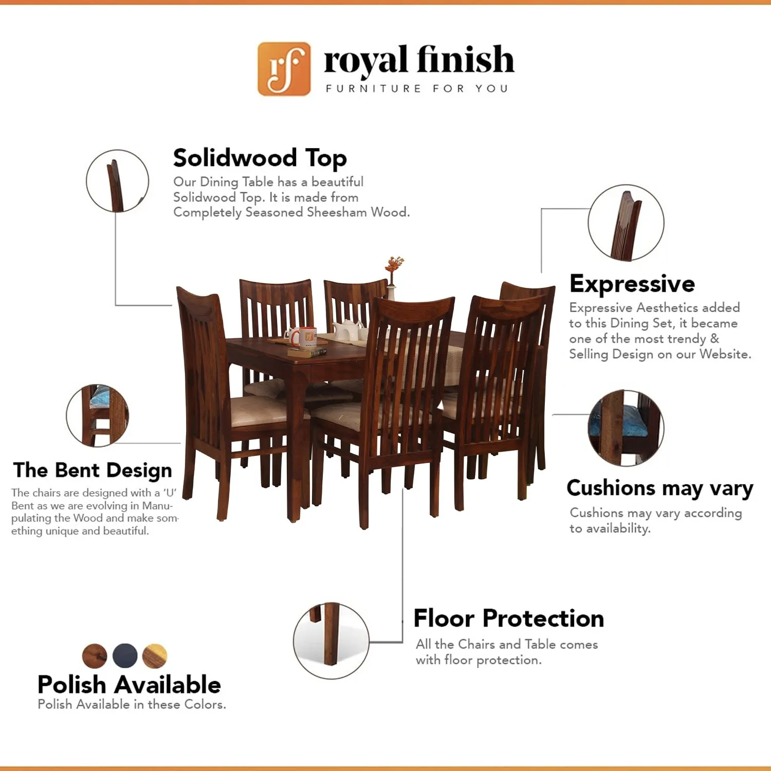 Royal Finish Neo Wingo 6 Chair Dining Set in Natural Colour sheesham dining table image 2