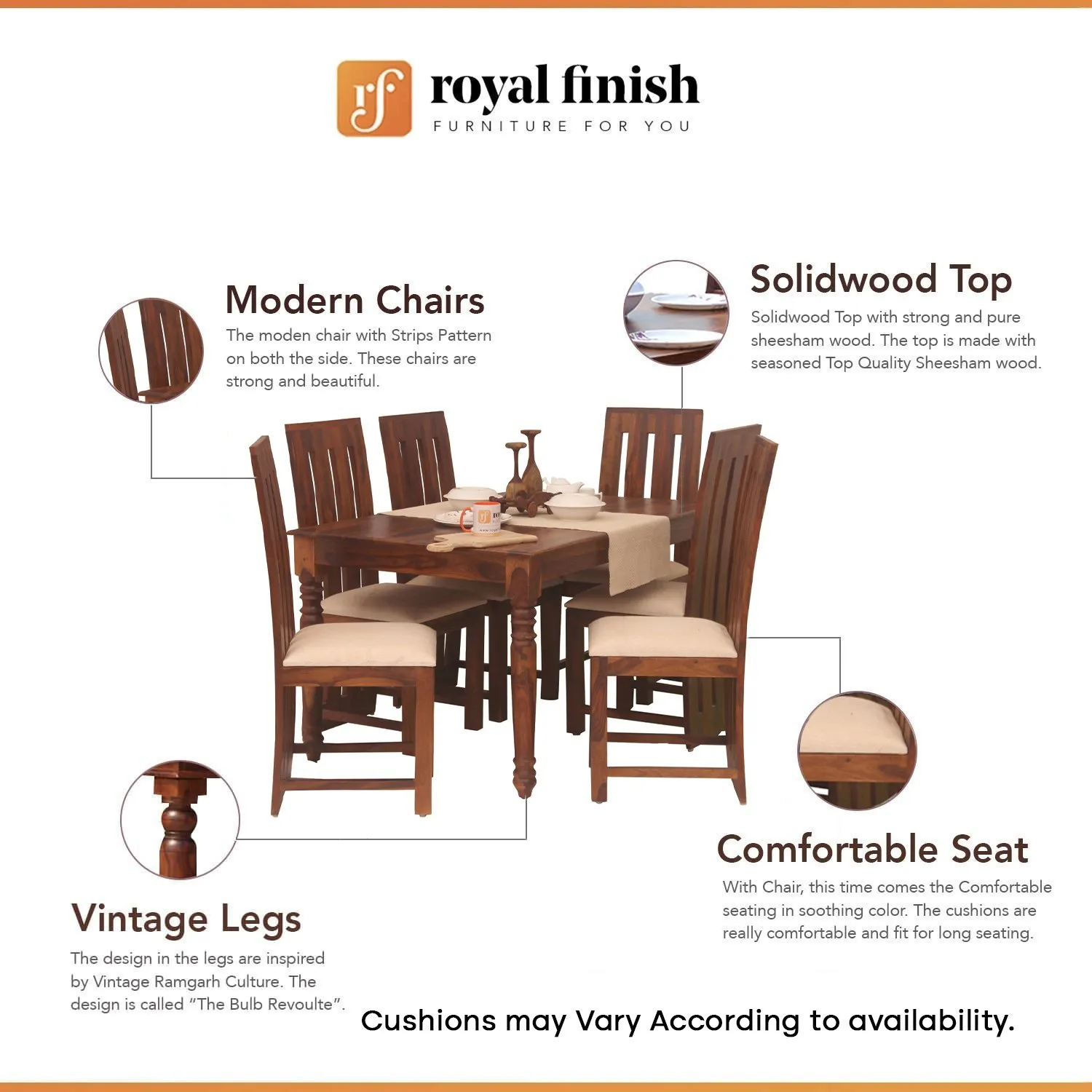 Royal Finish Neko Bentwood 6 Seater Dining Set in Natural Colour in Sheesham sheesham dining table image 2