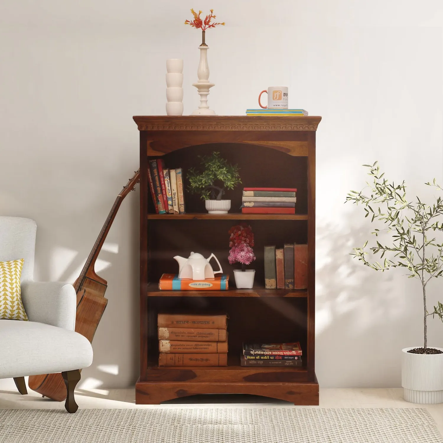Royal Finish Ironey 3 Shelf Solid Wood Bookshelf in Sheesham, Natural Colour