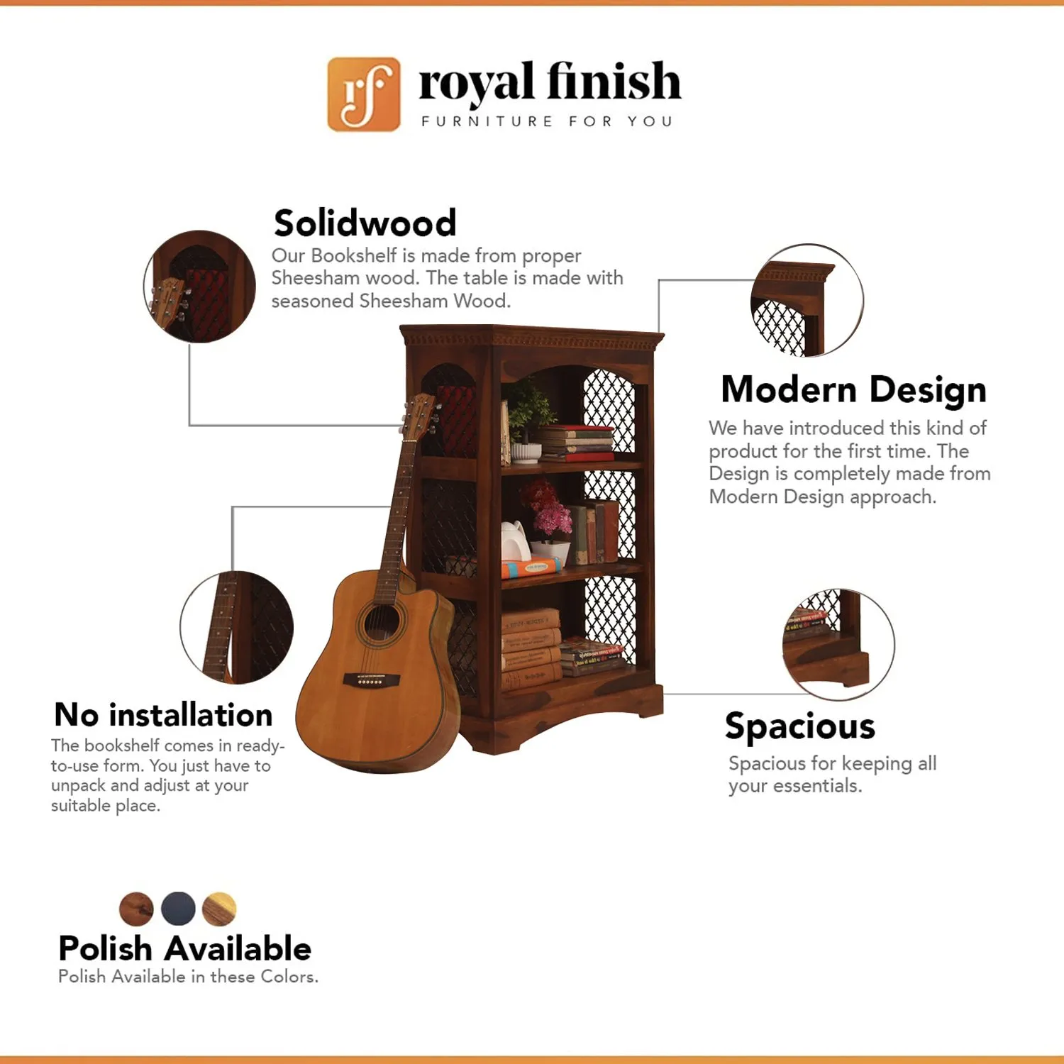 Royal Finish Ironey 3 Shelf Solid Wood Bookshelf in Sheesham, Natural Colour solid wood bookshelf image 2