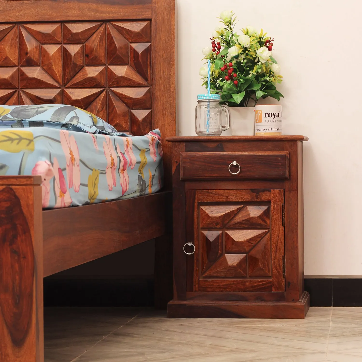 Royal Finish Abdoli Bedside Table In Furniture Sheesham Wood In Natural Colour