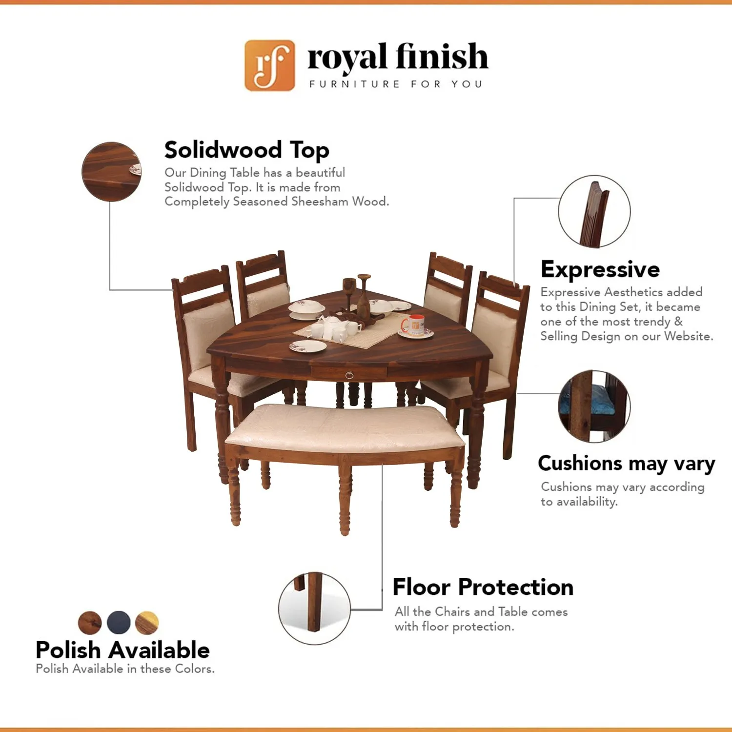Royal Finish Simpale Betel Quid 6 Seater(with Bench)Dining Set in Natural Colour sheesham dining table image 2