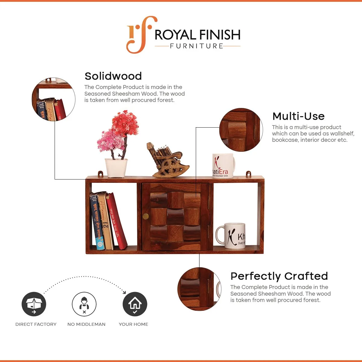 Royal Finish Zenith Wall Shelf Natural Honey In Sheesham with Matte Finished sheesham wood furniture image 2