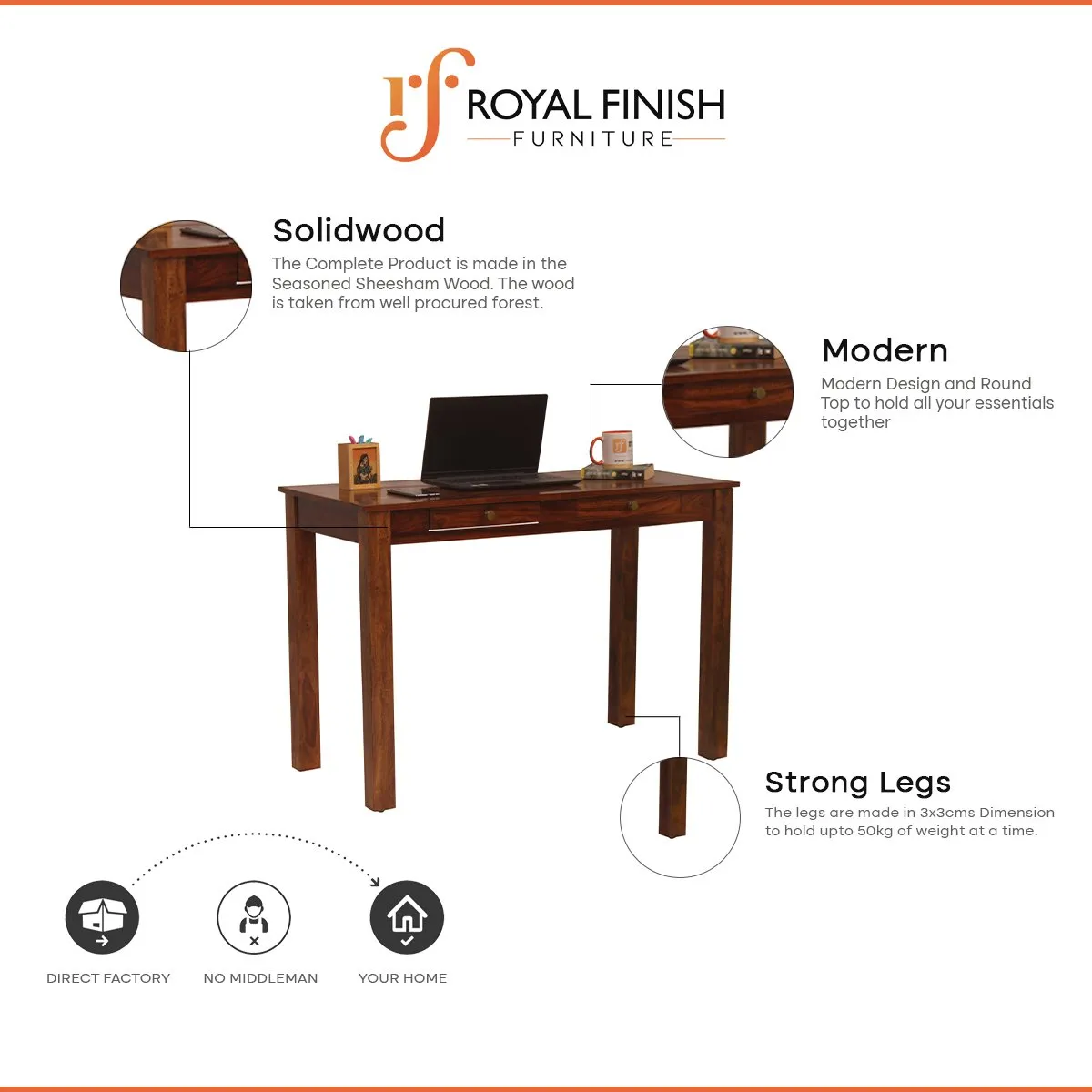 Royal Finish Two Drawer Elite Study Table in Funriture Sheesham wooden study table image 2