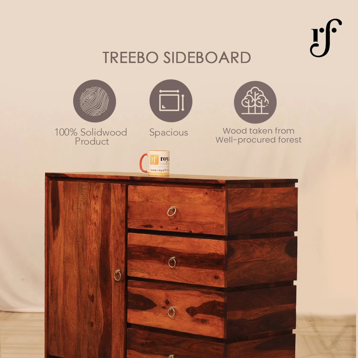 Royal Finish Treebo Sideboard In Sheesham with Natural Honey with Matte sheesham wood furniture image 7
