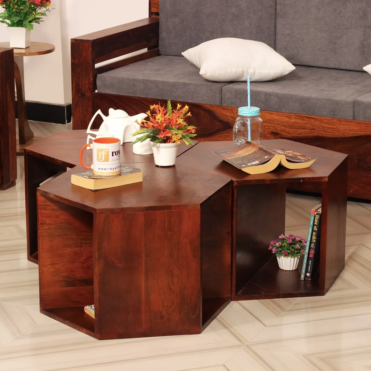 Royal Finish Hexagon Stool(Set of 3) in Sheesham Wood With Natural Colour