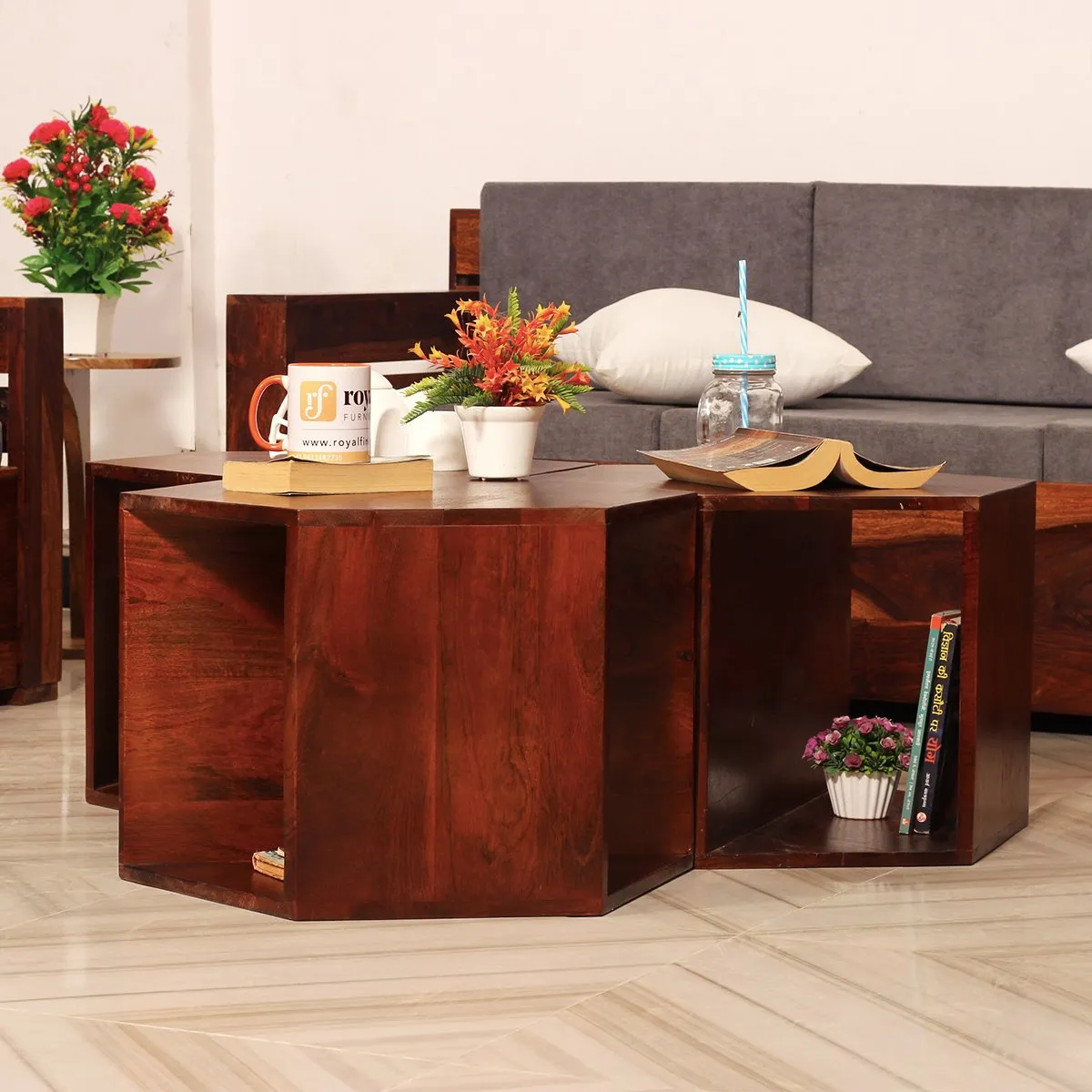 Royal Finish Hexagon Stool(Set of 3) in Sheesham Wood With Natural Colour sheesham wood furniture image 3