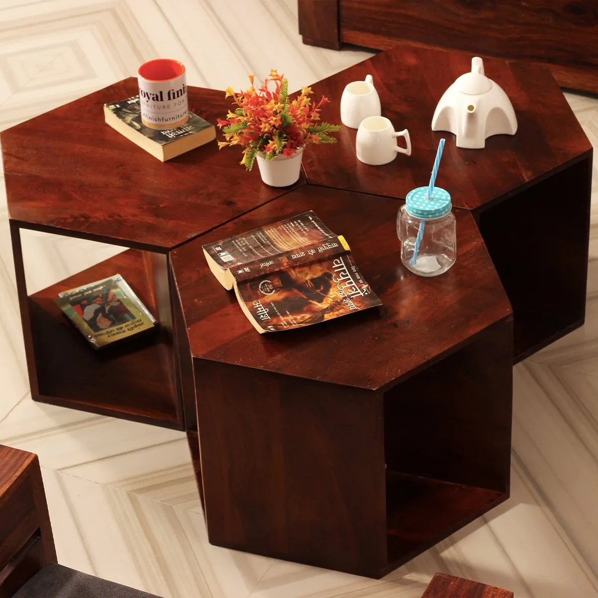 Royal Finish Hexagon Stool(Set of 3) in Sheesham Wood With Natural Colour sheesham wood furniture image 4
