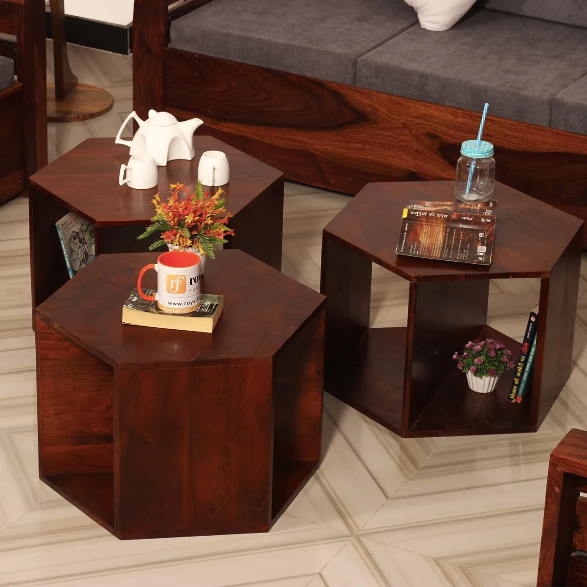 Royal Finish Hexagon Stool(Set of 3) in Sheesham Wood With Natural Colour sheesham wood furniture image 6