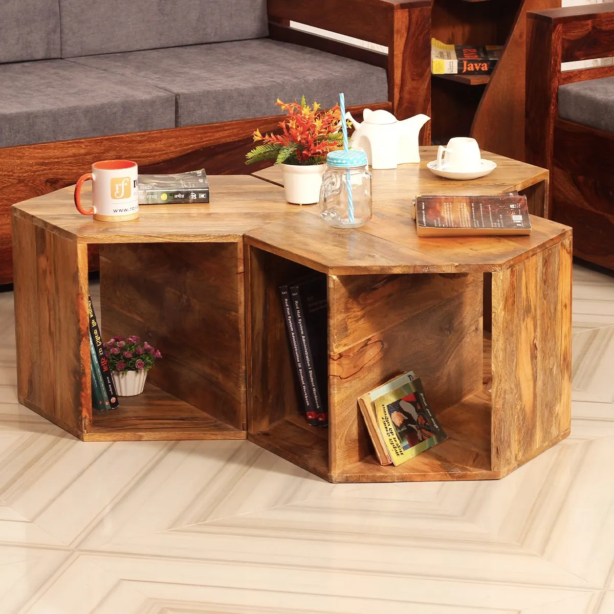Royal Finish Hexagon Stool(Set of 3) in Mango Wood With Natural Colour